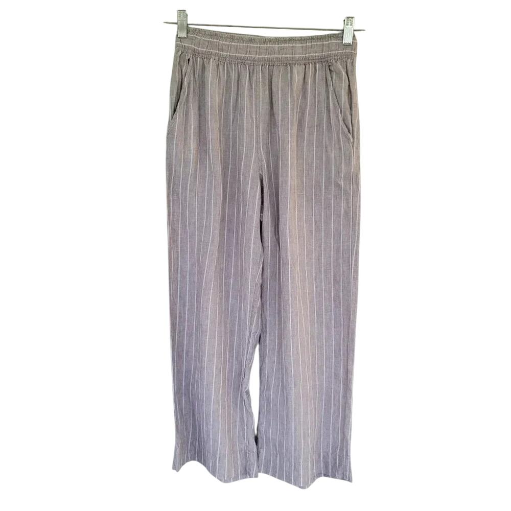 C&C California Striped Linen Pants Beige White Women Size S Wide Leg Pull On